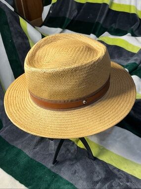 Frye Natural Straw Fedora with Brown Leather Band